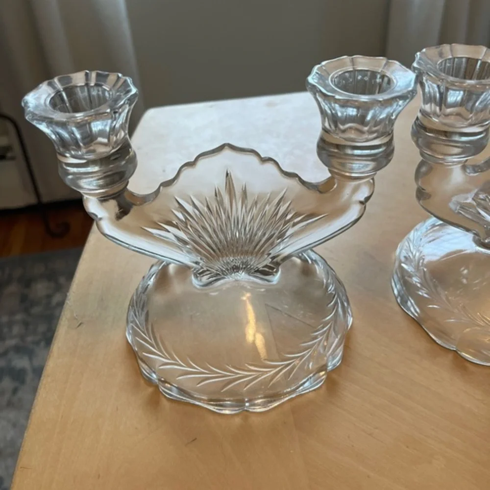 Vintage Clear Jeanette Glass Double Candlestick Sunburst Herringbone Set of Two